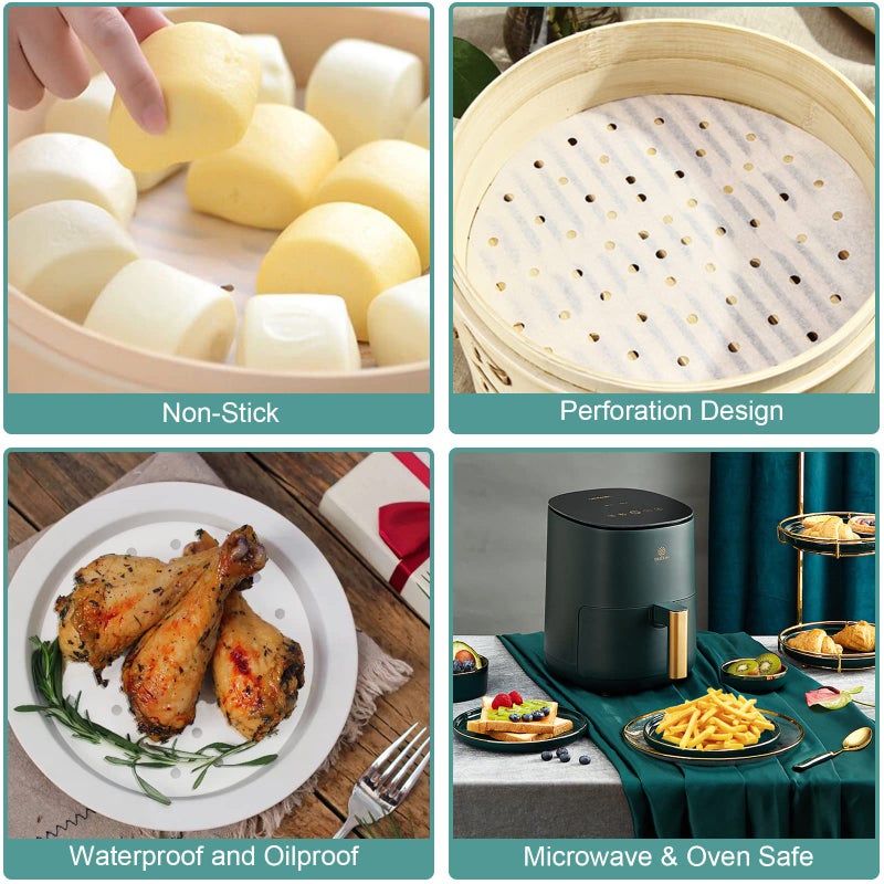 Numola Air Fryer Liners Disposable Parchment Paper, Numola 100 Pcs Airfryer Sheets, 9 Inch White Non-stick Steamer Liner for Oven, Microwave, Bamboos Steaming Basket - Image 4